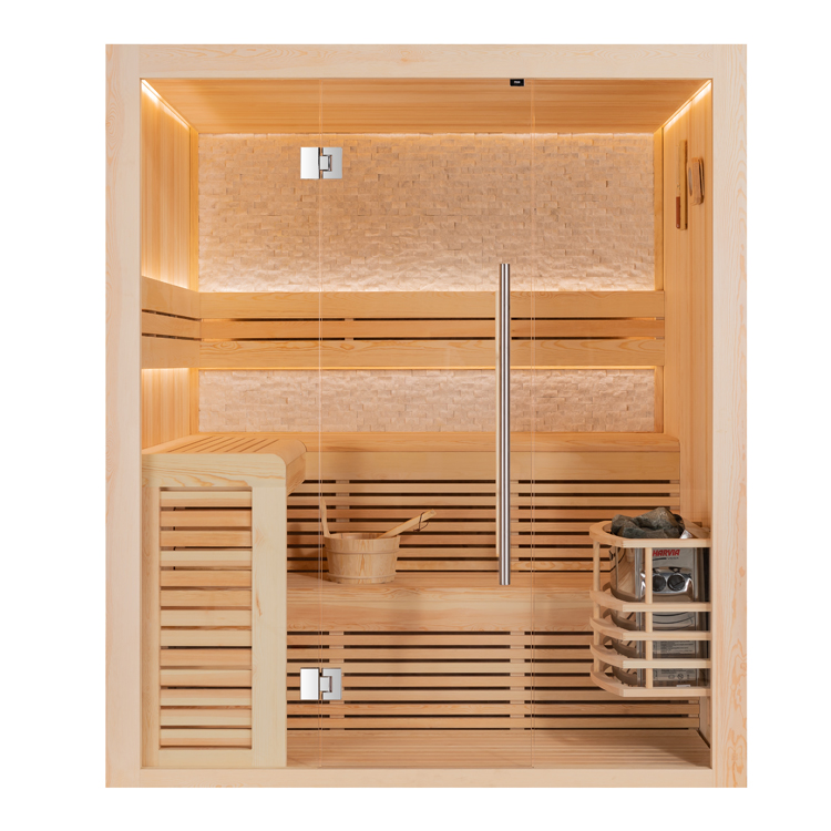 Sauna 1812C en bois de pin, 180x160cm, sans poêle, avec paroi arrière en pierre, éclairage indirect par LED, banc en L & banc