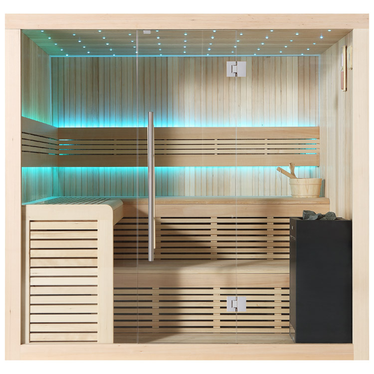 Sauna E1112A, Hemlock, 220x200cm, 9kW Virta avec porte vitrée, bancs & éclairage intérieur confortable