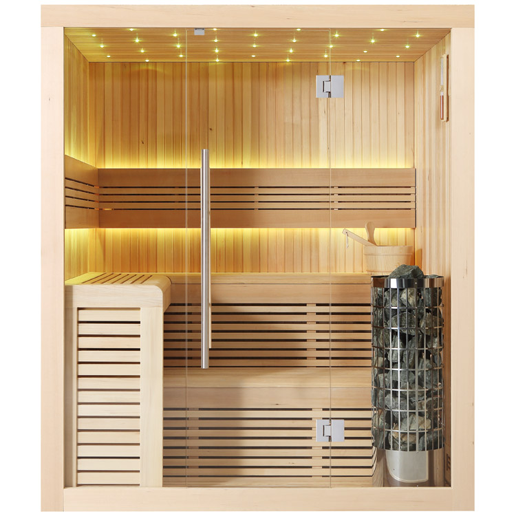 Sauna E1112C, Hemlock, 180x150cm, 9kW Cilindro avec porte en verre, bancs & éclairage intérieur confortable